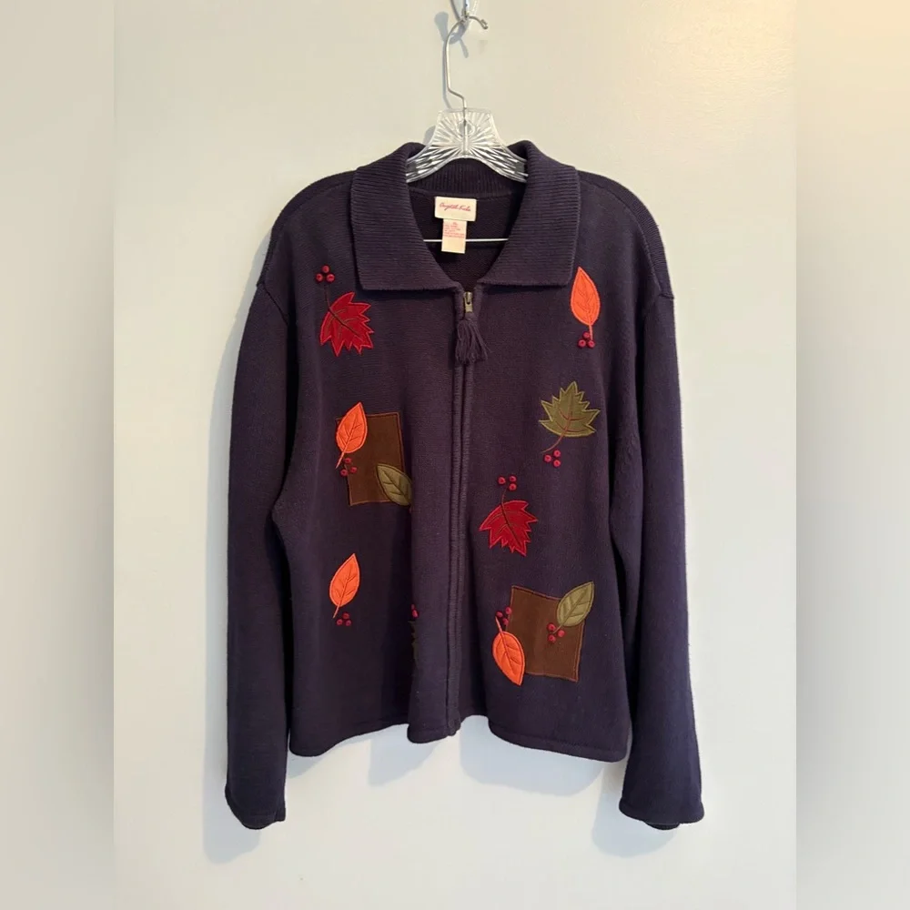 Vintage Crystal-Kobe Navy Full Zip Cardigan Leaf Fall Embroidery Collared Comfy